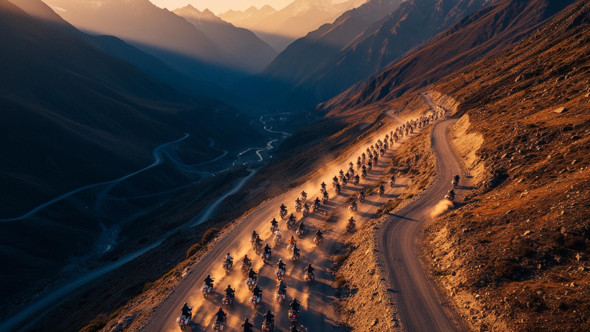 Aerial drone shot of a long convoy of motorcyclists on a mountain road