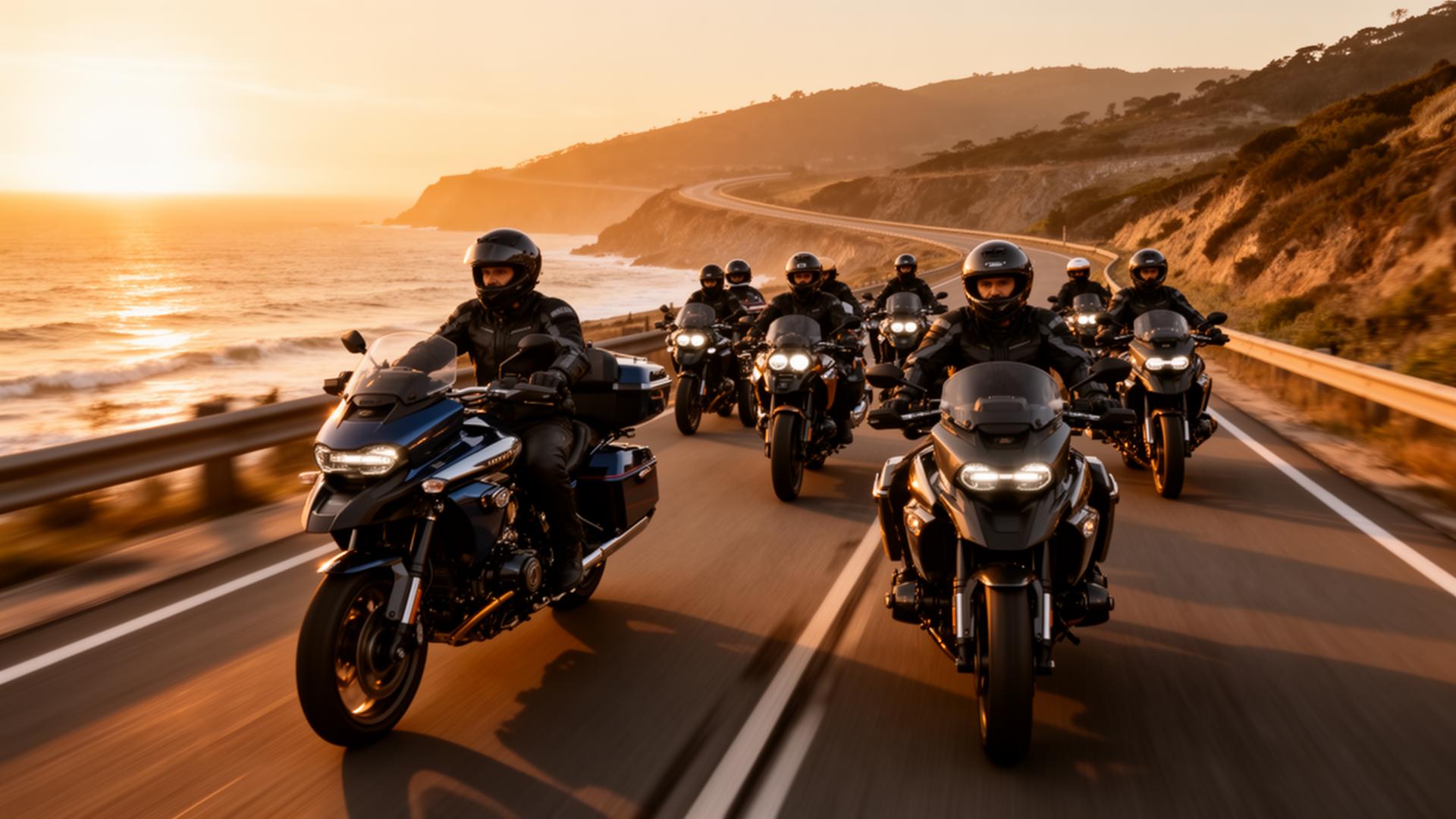 Group of premium motorcycle riders on a coastal highway at golden hour