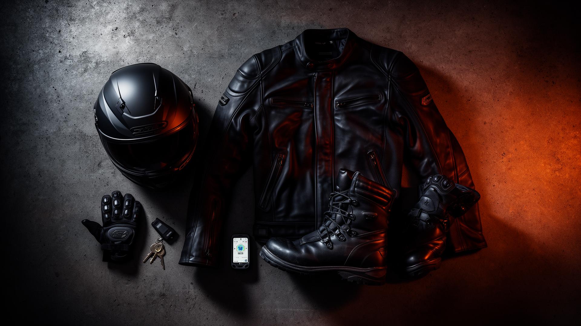 Motorcycle riding gear flatlay — helmet, jacket, gloves, boots